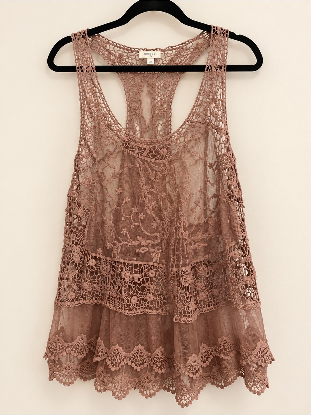Umgee Dusty Mauve Sheer Lace Racerback Tank S/M